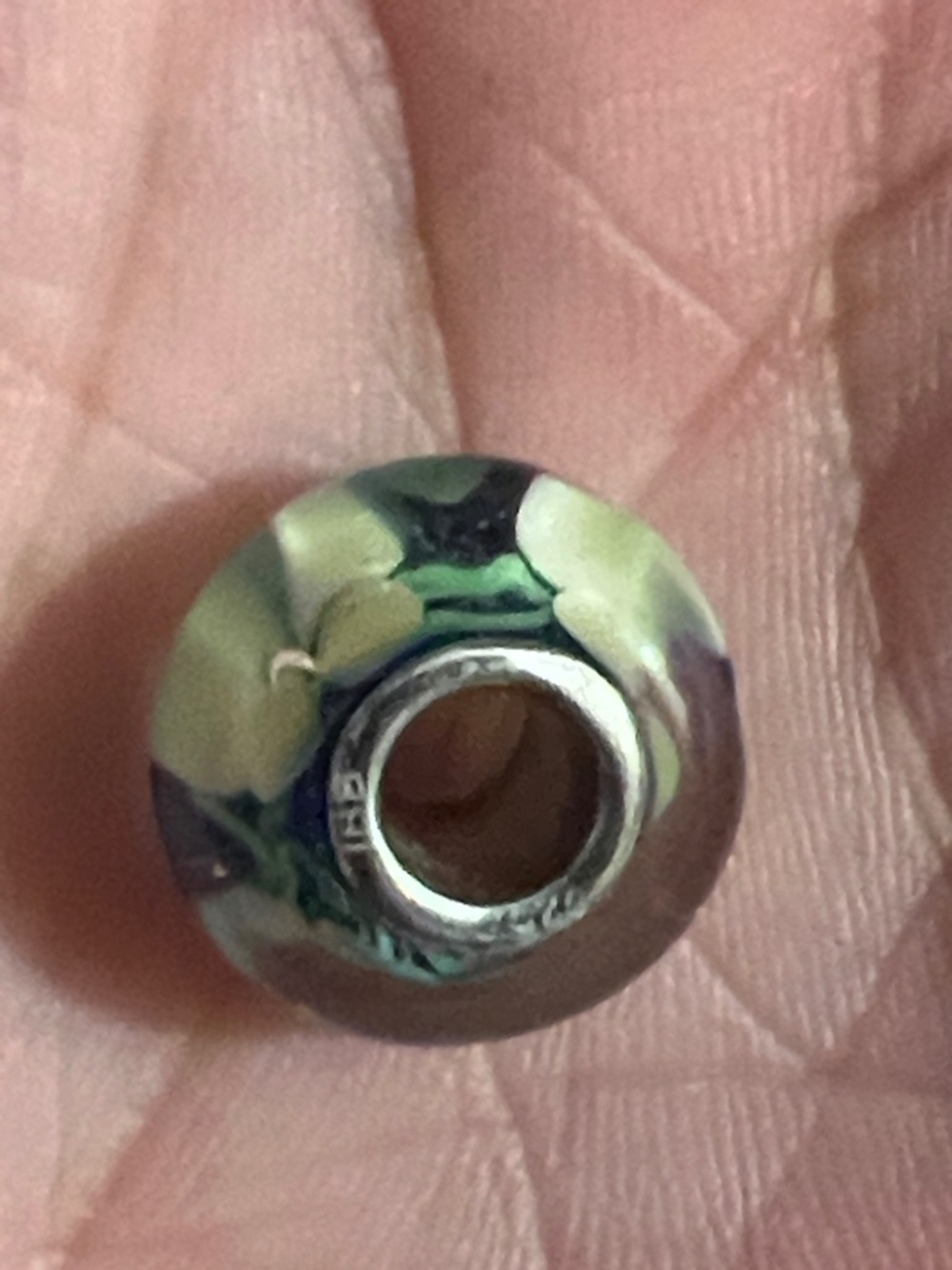 LK NW 🌸 STAMPED 925 THAI STERLING SILVER BLUE & GREEN FLORAL GLASS BEAD CHARM - Picture 6 of 10
